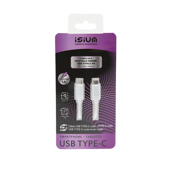 ISIUM - Câble usb type c blanc 1m compatible pd 3a - large