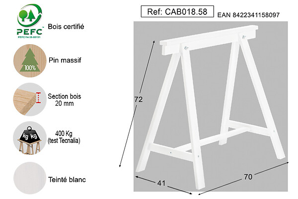 ASTIGARRAGA KIT LINE - Tréteau déco blanc en pin massif 72x70x41cm - large