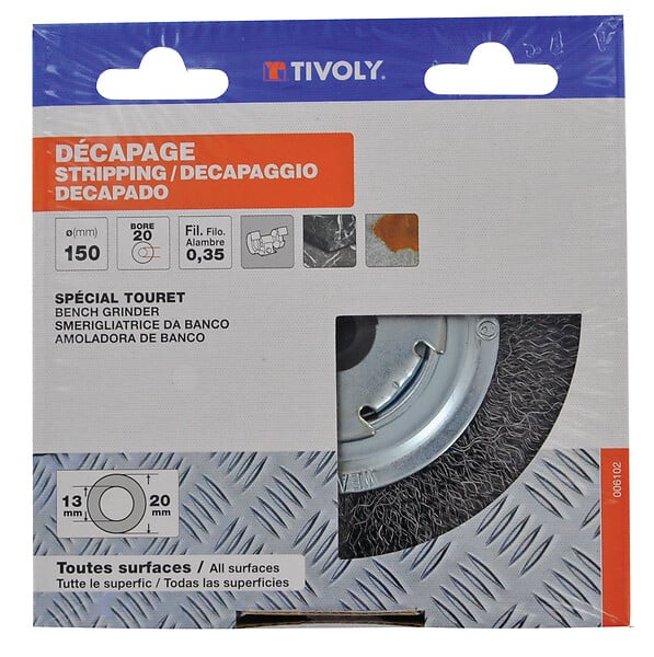 TIVOLY - Brosse de touret, fil acier ondulé, D150x15 - large