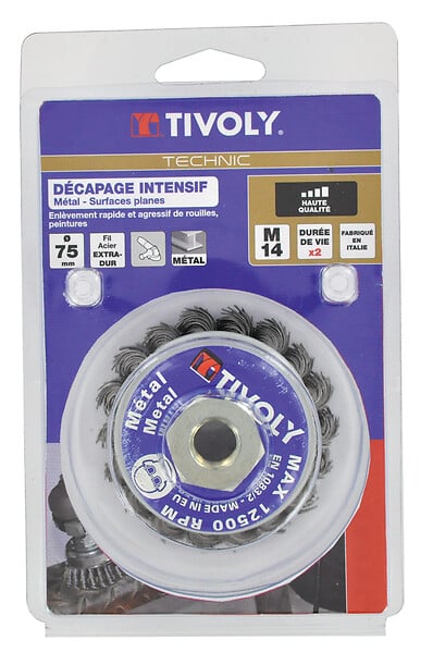 TIVOLY - Brosse coupe D75mm, fil acier torsadé, décapage métal - large