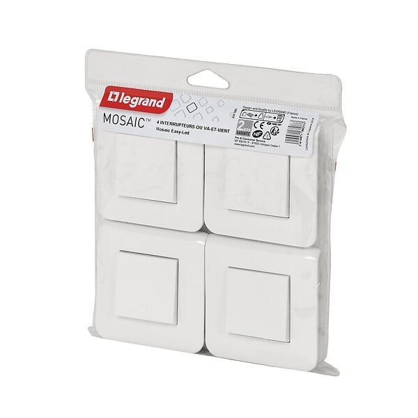 LEGRAND - Lot de 4 interrupteurs Mosaic 10A blanc complet avec plaque - large