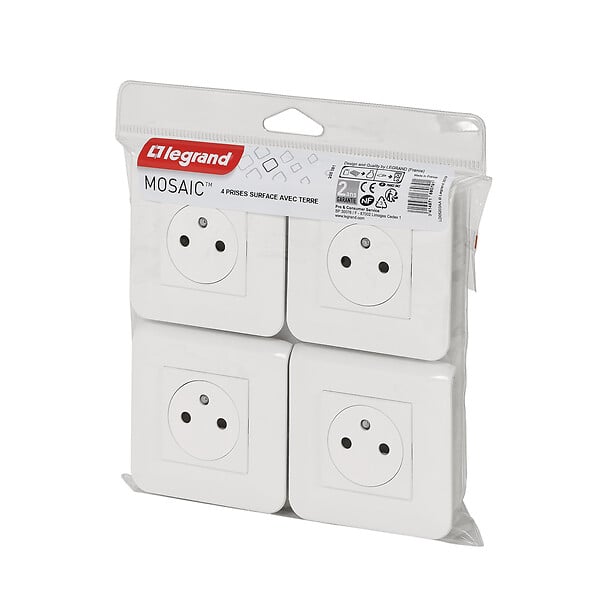 LEGRAND - Lot de 4 prises de courant Surface Mosaic blanc complet avec plaque - large