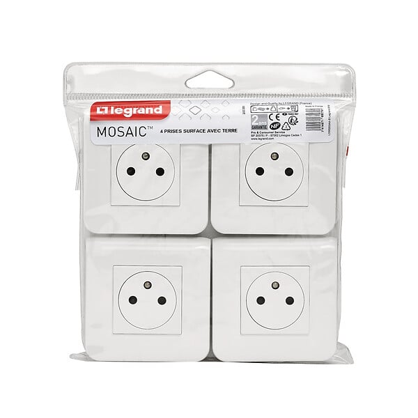 LEGRAND - Lot de 4 prises de courant Surface Mosaic blanc complet avec plaque - large