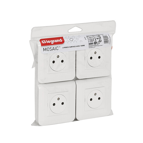 LEGRAND - Lot de 4 prises de courant Surface Mosaic blanc complet avec plaque - large