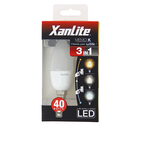 XANLITE - Ampoule LED flamme, culot E14, 6W, équivalent 40W, 470 lm, angle 200°, température de couleur variable 2700–6000K, 3 en 1 - large