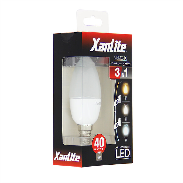 XANLITE - Ampoule LED flamme, culot E14, 6W, équivalent 40W, 470 lm, angle 200°, température de couleur variable 2700–6000K, 3 en 1 - large