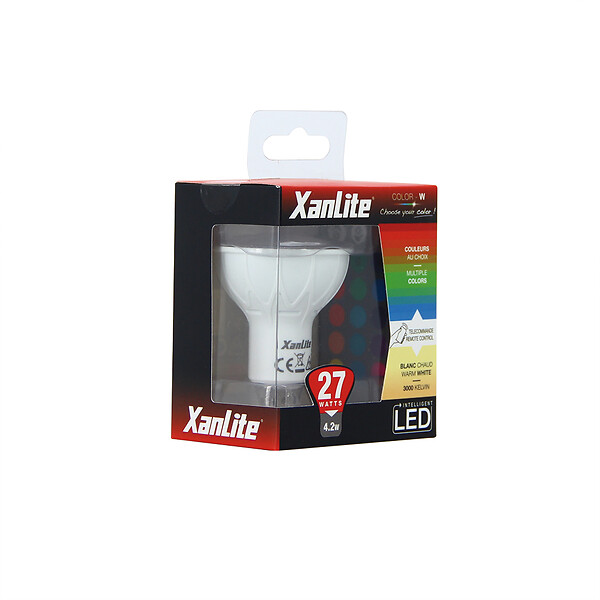 XANLITE - Ampoule LED spot GU10, blanc + RVB, 4,2W, équivalent 27W, 280 lm, blanc chaud, 3000K, angle 100°, pilotable par télécommande - large