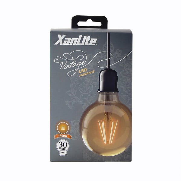 XANLITE - Ampoule LED G95 vintage à filament, culot E27, 3,8W, équivalent 30W, lumière très chaude, 1800K, angle 320°, verre ambré, durée de vie 15000 h, classe énergétique A+ - large