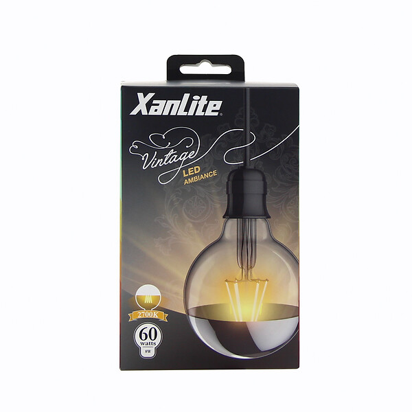 XANLITE - Ampoule LED G95 vintage silver top, culot E27, 8W, équivalent 60W, blanc chaud, 2600K, angle 320°, globe décoratif, éclairage doux et homogène - large