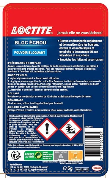 LOCTITE - Colle Spécialités Matériaux Bloc écrou 5ml - large