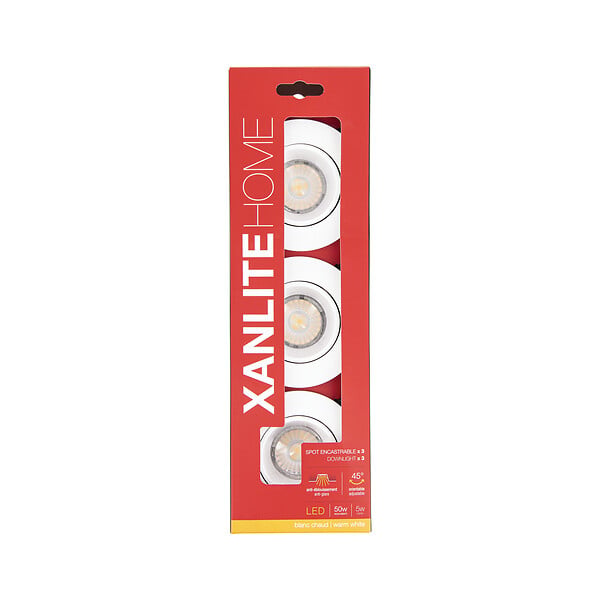 XANLITE - Pack de 3 spots encastrables ronds orientables blancs, culot GU10, puissance max 50W, orientation 45°, lumière blanc chaud 2700 K, indice IP20, usage intérieur - large