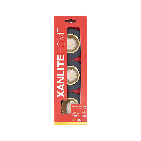XANLITE - Pack de 3 spots encastrables ronds orientables noir et or, culot GU10, puissance max 50W, orientation 45°, lumière blanc chaud 2700 K, indice IP20, usage intérieur - large