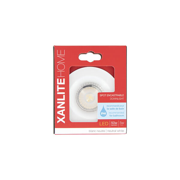 XANLITE - Spot encastrable rond blanc, culot GU10, puissance max 50W, lumière blanc neutre 4000 K, indice IP44, compatible salle de bain, usage intérieur - large