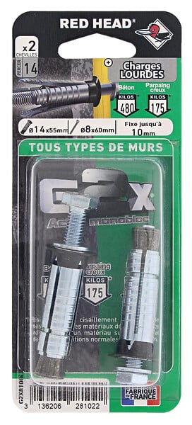 RED HEAD - Blister de 2 chevilles G2X 14x55mm + vis TH 8x60mm - large