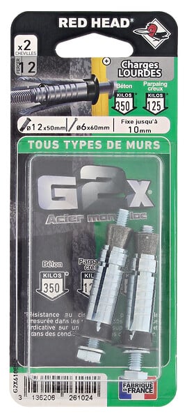 RED HEAD - Blister de 2 chevilles G2X 12x50mm + vis TH 6x60mm - large