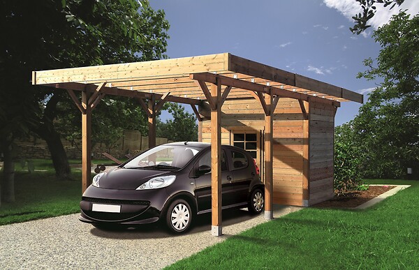 SOLID - Carport toit plat bois avec abri de jardin 306x706cm - large
