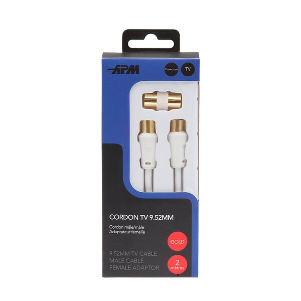 APM - Cordon tv mâle mâle 9.52mm blanc 2m + adaptateur femelle - large