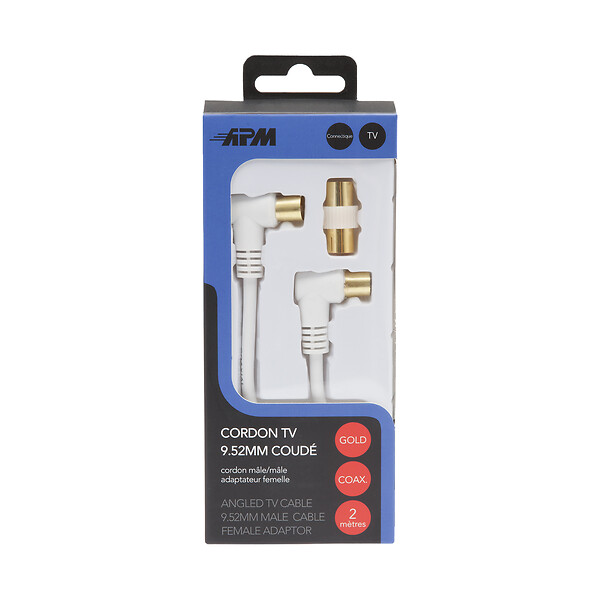 APM - Cordon tv coude male-male 9,52mm blanc 2m + adaptateur femelle - large