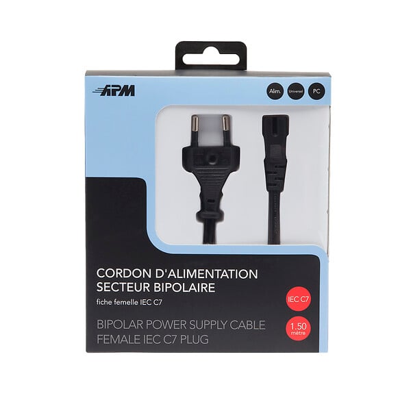 APM - Cordon d'alimentation secteur bipolaire cee 7-16 iec c7 mâle femelle - large