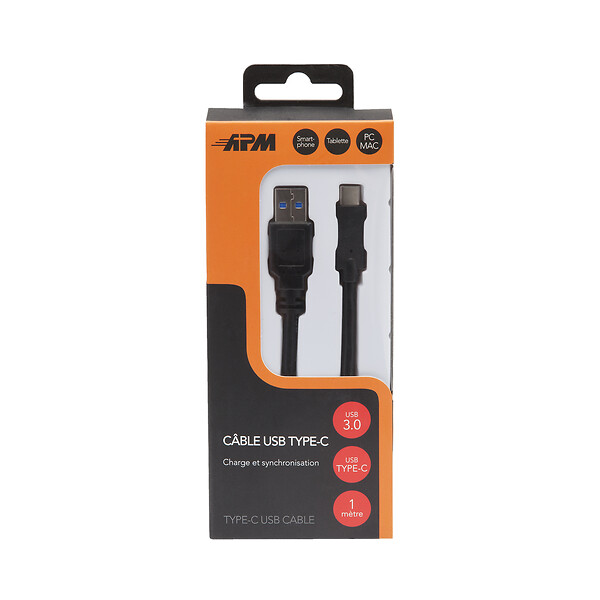 APM - Cordon USB 3.0 USB-A-Type-C - Mâle-Mâle - Noir - - 1m - large