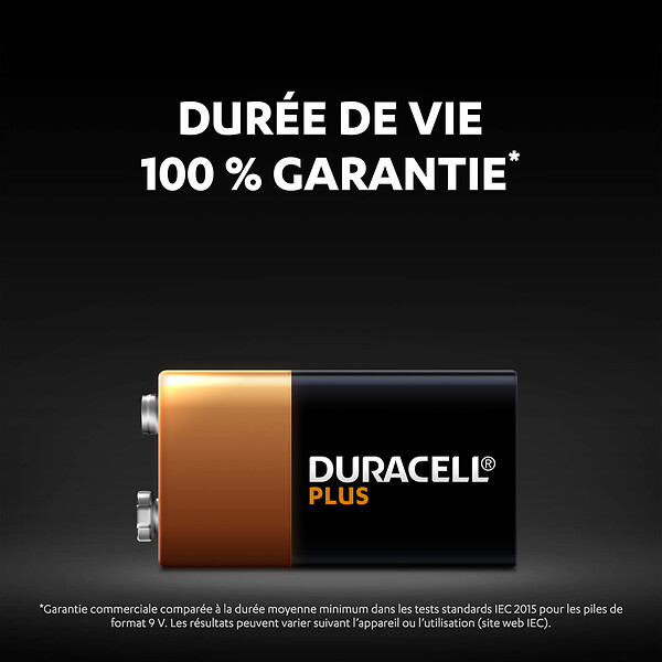 DURACELL - Piles alcalines 9V x1 Duracell Plus, 6LR61 - large
