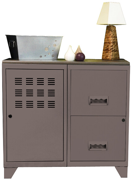 P.HENRY - Meuble 1 porte et 2 tiroirs - Métal - Taupe - H75cm - large