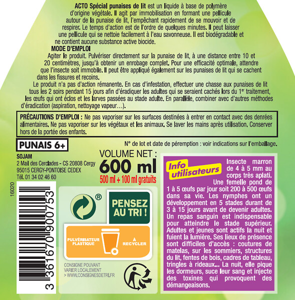 ACTO - Pulvérisateur spécial punaises de lit au polymère végétal 600ml - large
