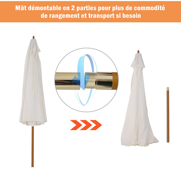 OUTSUNNY - Parasol droit rond grande taille de jardin Ø 3,25 x 2,5H m bois de bambou polyester crème - large