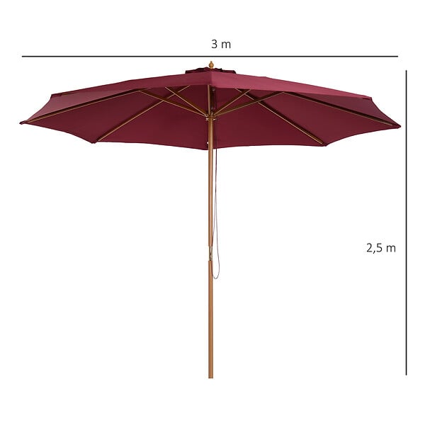 OUTSUNNY - Outsunny Parasol droit en bois polyester haute densité protection solaire Ø 3 x 2,5 m rouge - large