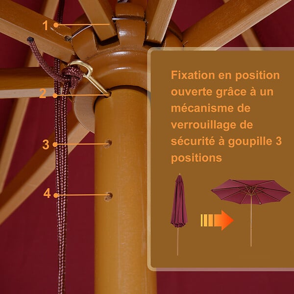 OUTSUNNY - Outsunny Parasol droit en bois polyester haute densité protection solaire Ø 3 x 2,5 m rouge - large