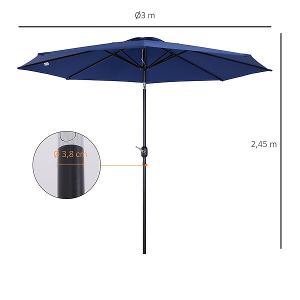 OUTSUNNY - Parasol en métal rond polyester 180g/m² manivelle inclinable Ø 2,95 x 2,5 m bleu - large