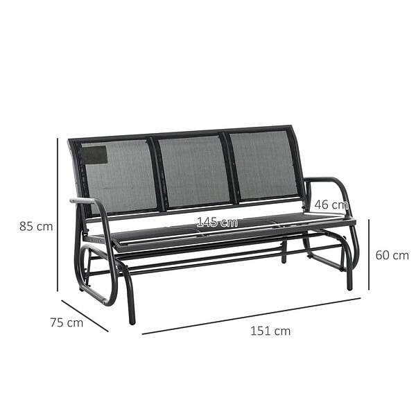 OUTSUNNY - Banc à bascule de jardin 3 places design contemporain grand confort accoudoirs assise et dossier ergonomique acier textilène noir - large
