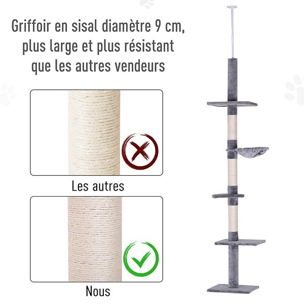 PAWHUT - Arbre à chat poteau à griffer L40 x l 34 x H 230-260 cm 5 niveaux d'activités gris - large