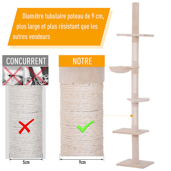 PAWHUT - Arbre à chat poteau à griffer L40 x l 34 x H 230-260 cm 5 niveaux d'activités beige - large