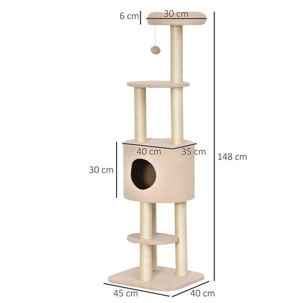 PAWHUT - PawHut Arbre à Chats avec Griffoir Niche Poteaux Peluche Haute Densité 45L x 40L x 148H cm Beige - large