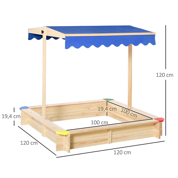 OUTSUNNY - Bac à sable bois carré dim. 1,2L x 1,2l x 1,2H m - hauteur et inclinaison toit réglables - bois naturel de pin - large