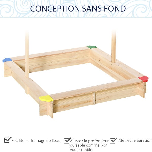 OUTSUNNY - Bac à sable bois carré dim. 1,2L x 1,2l x 1,2H m - hauteur et inclinaison toit réglables - bois naturel de pin - large