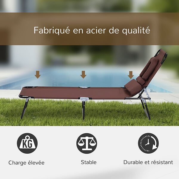 OUTSUNNY - Bain de soleil pliable transat inclinable 4 positions chaise longue de lecture 3 coussins fournis marron - large
