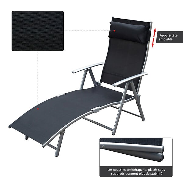 OUTSUNNY - Outsunny transat chaise longue bain de soleil pliable dossier inclinable multi-positions têtière fournie 137L x 64l x 101H cm métal époxy textilène noir - large