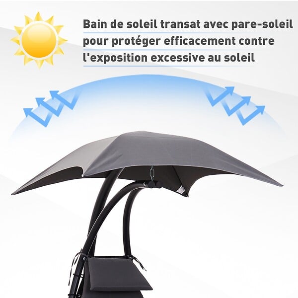 OUTSUNNY - Bain de soleil transat suspendu avec pare-soleil et matelas design contemporain 190L x 115l x 190H cm acier polyester gris foncé noir - large