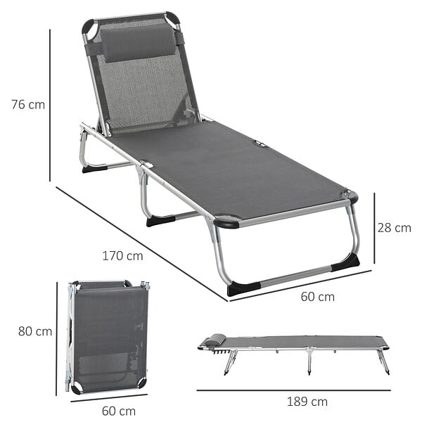 OUTSUNNY - Bain de soleil transat pliable grand confort dossier réglable multi-position tétière alu. textilène gris - large