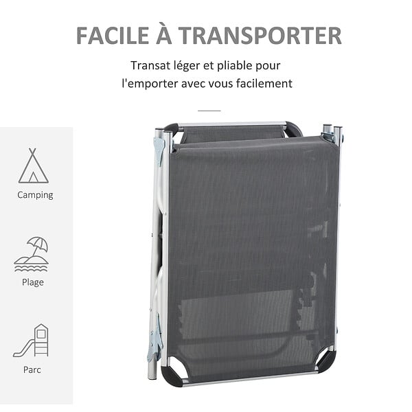 OUTSUNNY - Bain de soleil transat pliable grand confort dossier réglable multi-position tétière alu. textilène gris - large