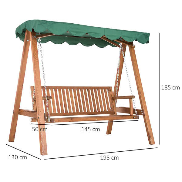 OUTSUNNY - Balancelle de jardin 3 places 2 tablettes support 1,95L x 1,3l x 1,85H m charge max. 360 Kg bois de pin vert - large