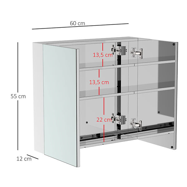 HOMCOM - Armoire miroir rangement toilette salle de bain meuble mural dim. 60L x 12l x 55H cm acier inox. - large