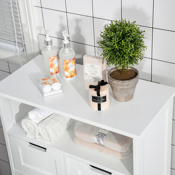 KLEANKIN - Meuble bas de salle de bain multi-rangements grande niche 2 tiroirs placard double porte avec étagère MDF blanc - large