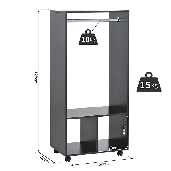 HOMCOM - Armoire penderie étagère 2 niches penderie 4 roulettes pivotantes dim. 60L x 40l x 128H cm noir - large