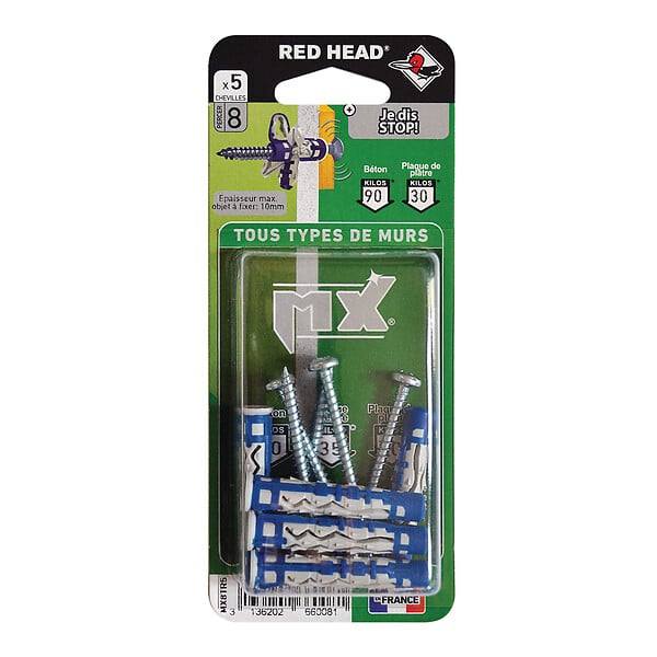 RED HEAD - Blister de 5 chevilles Mx 8x50mm + vis TF 4.5x55mm - large
