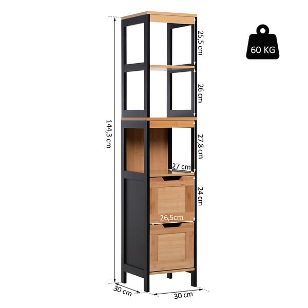 HOMCOM - Meuble colonne rangement salle de bain style cosy dim. 30L x 30l x 144H cm 3 étagères 2 tiroirs bambou MDF noir - large