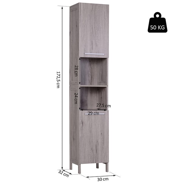 HOMCOM - Meuble colonne rangement salle de bain dim. 30L x 32l x 172H cm 2 placards avec étagère + 2 niches MDF imitation bois gris - large