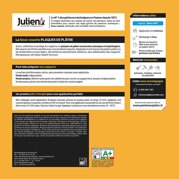 JULIEN - Sous couche plaque de plâtre J6 - Blanc mat - 10L - large